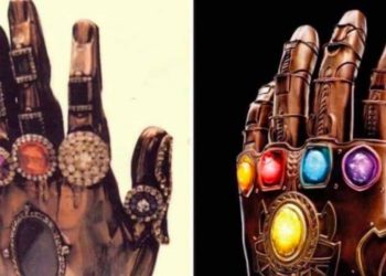 A sinistra la mano di Santa Teresa e a destra il guanto di Thanos