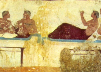 Scena di Simposio (particolare): musica e conversazione. Dalla Tomba del tuffatore. Museo Archeologico Nazionale di Paestum