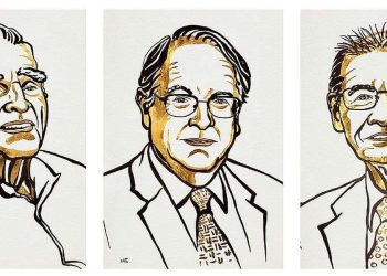 Da sinistra: John B. Goodenough, Stanley M. Whittingham e Akira Yoshino (Illustrazione di Niklas Elmehed. Copyright Nobel Media)