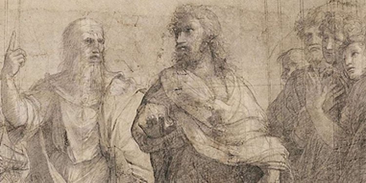 Raffaello Sanzio (1483-1520), La Scuola di Atene (particolare), 1510, cartone preparatorio, Platone e Aristotele, Milano, Pinacoteca Ambrosiana