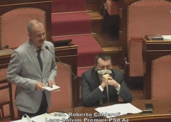 Roberto Calderoli nell'aula del Senato