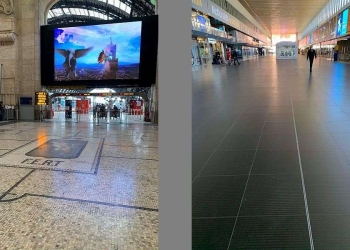 Stazione Centrale di Milano (a sinistra) e Stazione Termini a Roma in tempo di pandemia
