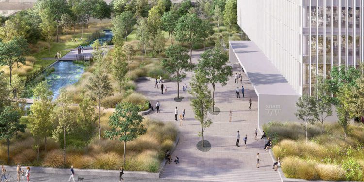 Il rendering della futura sede di Snam a Milano