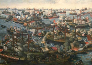 Anonimo, Battaglia di Lepanto (particolare; National Maritime Museum, Greenwich, Londra)