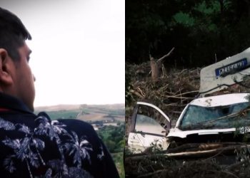 Il papà di Mattia e l'auto della moglie, Silvia, da cui è scomparso il bambino di 8 anni. (Rai1, diretta Storie Italiane)