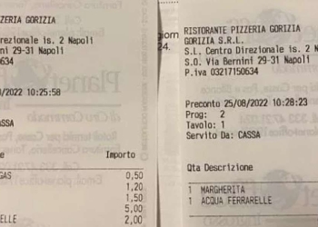 Lo scontrino e il preconto della pizzeria Gorizia 1916 di Napoli