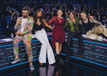 Dargen D'Amico, Ambra Angiolini, Francesca Michielin, Rkomi e Fedez (Immagini concesse da Sky, foto di Virginia Bettoja)