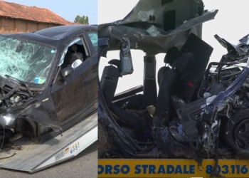 Le auto coinvolte nell'incidente di Busonengo. A sinistra la BMW, a destra la Lancia su cui viaggiava Raffaele Petrillo con 3 suoi amici (Youtube)