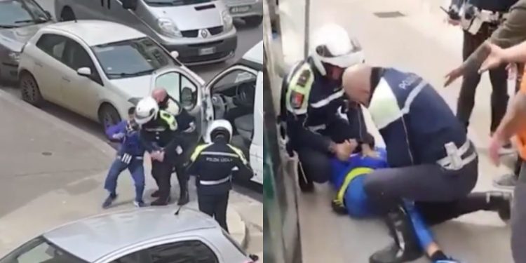 La colluttazione tra il corriere e i vigili urbani a Taranto (Twitter)