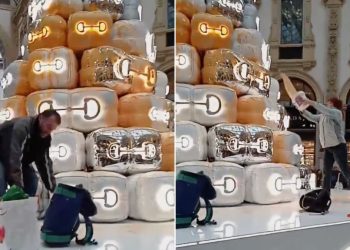 Albero di Gucci imbrattato a Milano, screen da La7