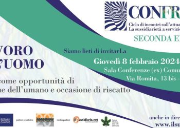 La locandina del secondo incontro di Confronti, intitolato 'Il lavoro per l'uomo'