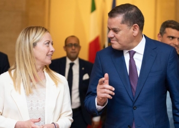 La presidente del Consiglio Giorgia Meloni a palazzo Chigi con il premier del governo di unità nazionale della Libia ad interim Abdul Hamid Dbeibah, Roma, 07 giugno 2023 (Ansa)