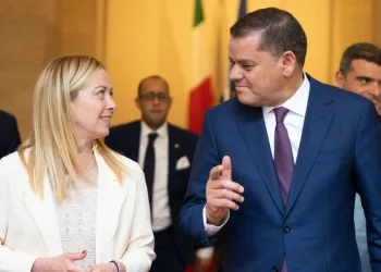 La presidente del Consiglio Giorgia Meloni a palazzo Chigi con il premier del governo di unità nazionale della Libia ad interim Abdul Hamid Dbeibah, Roma, 07 giugno 2023 (Ansa)