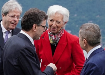 Al G7 Economia e Finanze di Stresa. Da sin.: Paolo Gentiloni, Giancarlo Giorgetti, Christine Lagarde, Fabio Panetta, Kristalina Georgieva (Ansa)