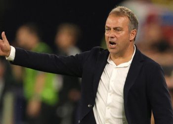 epa10702649 Germany's head coach Hansi Flick reacts during a friendly soccer match between Germany and Colombia in Gelsenkirchen, Germany, 20 June 2023.  EPA/FRIEDEMANN VOGEL