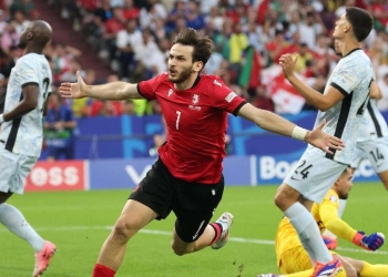 Khvicha Kvaratskhelia in gol con la Georgia agli Europei 2024 (Foto ANSA)