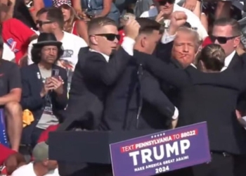 Donald Trump, ferito, viene portato via dal palco dagli uomini della sicurezza (Ansa)