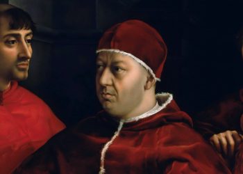 Ritratto di Leone X con i cardinali Giulio de' Medici e Luigi de' Rossi di Raffaello Sanzio (particolare)