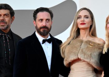 Première del Film Callas. Da sin.: P. Favino, P. Larrain, A. Jolie, A. Rohrwacher (Ansa)