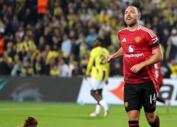 Christian Eriksen in gol con il Manchester United (Foto ANSA)