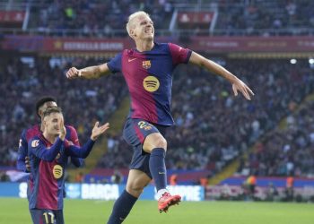 Dani Olmo in gol con il Barcellona (Foto ANSA)