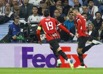 Alvaro Morata esulta con il Milan in Champions League (Foto ANSA)