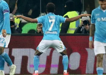 L'esultanza di David Neres per un gol con il Napoli (Foto ANSA)