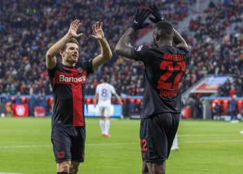 Jonas Hofmann e Victor Boniface esultano con il Bayer Leverkusen (Foto ANSA)
