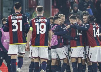 L'esultanza del Bologna, qui in Champions League (Foto ANSA)
