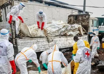 Uomini della Croce rossa congolese trasportano vittime di M23 a Goma (Ansa)