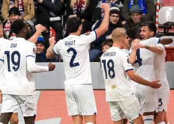 La Lazio esulta a Plzen (Foto ANSA)