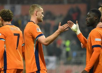 Brian Brobbey e Mathijs De Ligt esultano con l'Olanda (Foto ANSA)