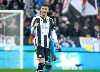 Lorenzo Lucca esulta con l'Udinese (Foto ANSA)