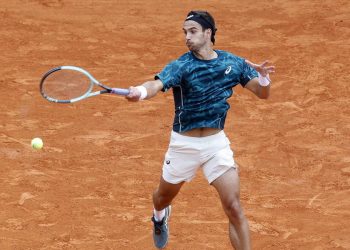 Lorenzo Musetti durante l'Atp Montecarlo 2025 (Foto ANSA)
