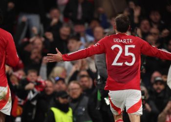 L'esultanza di Manuel Ugarte con il Manchester United (Foto ANSA)