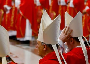 Cardinali nella Basilica di San Pietro, durante una messa dei Novendiali per papa Francesco (Ansa)