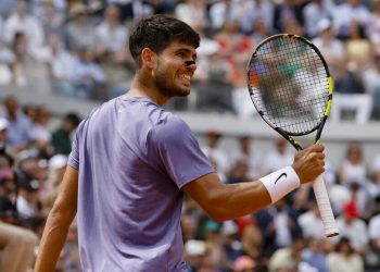 L'esultanza di Carlos Alcaraz, qui agli Internazionali d'Italia 2025 Roma (Foto ANSA)