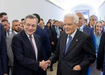 Da s.: Re Felipe VI di Spagna, Mario Draghi, Sergio Mattarella, Marcelo Rebelo de Sousa a Coimbra, Portogallo (Ansa)