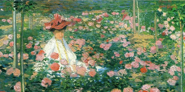 Oscar Ghiglia, "La signora Ojetti nel roseto" (1907, particolare. Foto da magnanirocca.it/flora)