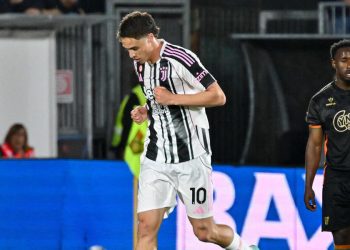 Kenan Yildiz dopo aver segnato in Venezia Juventus (Foto ANSA)