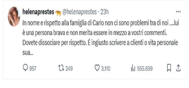 Il post su X di Helena Prestes in difesa dell'ex Carlo Motta 