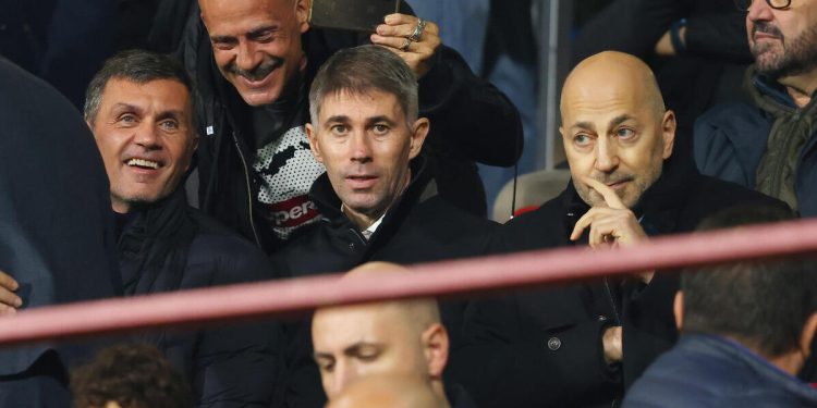 Frederic Massara con Paolo Maldini e Ivan Gazidis ai tempi del Milan (Foto ANSA)