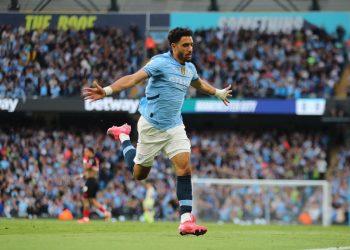 Omar Marmoush in gol con il Manchester City (Foto ANSA)