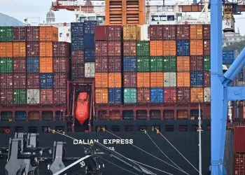 Una nave portacontainer al porto di Genova (Ansa)