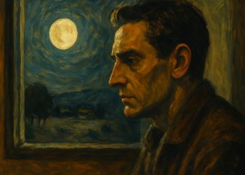 Un uomo pensieroso osserva la luna (Foto: ChatGPT)