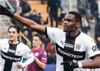 Bonny esulta dopo un gol in Parma Bologna (Foto Ansa)