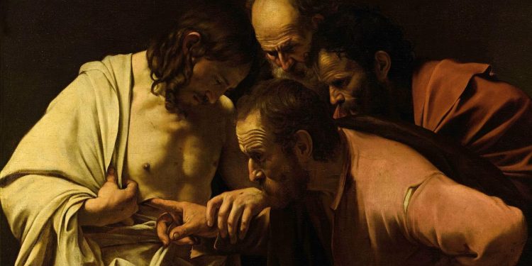 Caravaggio, "Incredulità di San Tommaso" (1601-02, particolare)
