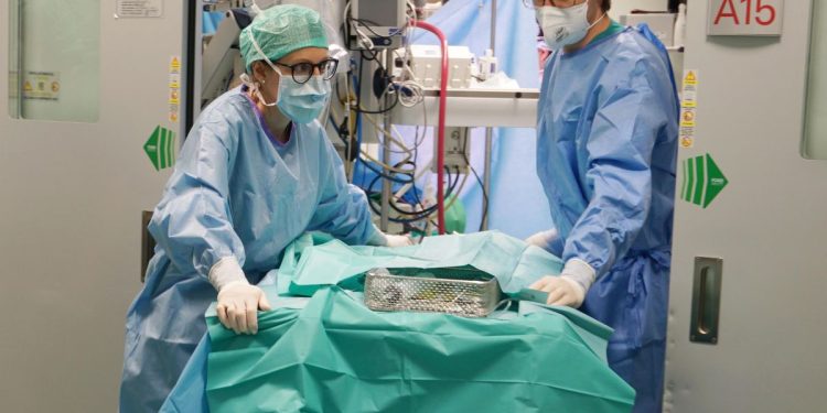 Il passaggio della porzione di polmone donato da una sala operatoria all'altra durante una operazione al Papa Giovanni XXIII di Bergamo, 18 gennaio 2023.
ANSA/Ufficio stampa Comunicazione e relazioni esterne ASST Papa Giovanni XXIII