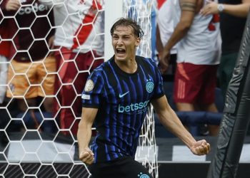 Pio Esposito esulta al suo primo gol con l'Inter (Foto Ansa)