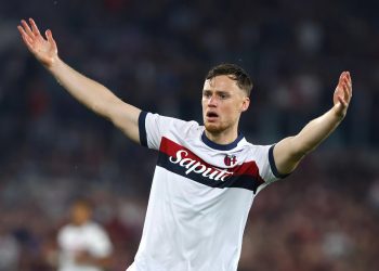 Sam Beukema del Bologna durante la finale di Coppa Italia vinta contro il Milan (Foto Ansa)